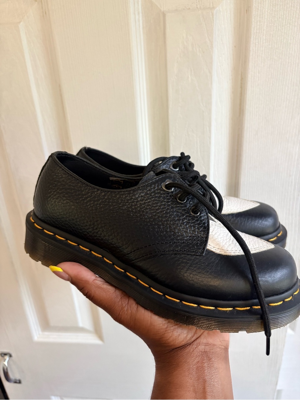 Dr. Martens Black and White Kids Saddle Oxfords with Yellow Stitching